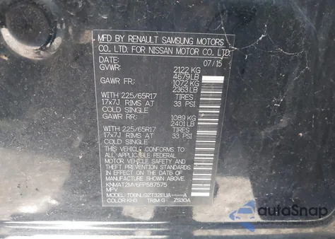 2015 Nissan Rogue Sv из США, поврежденный, VIN KNMAT2MV6FP587575